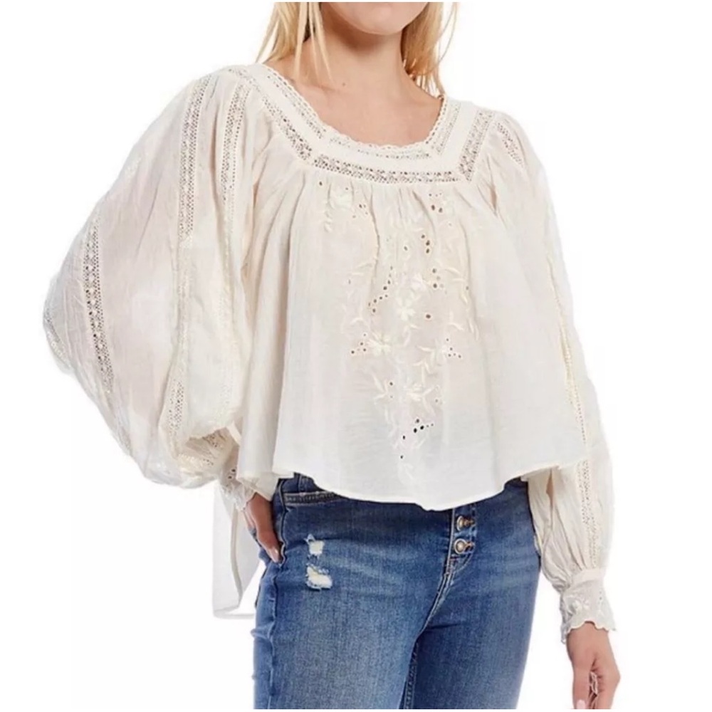 Free People Faraway Fields 100% Cotton Embroidered Blouse Size Small